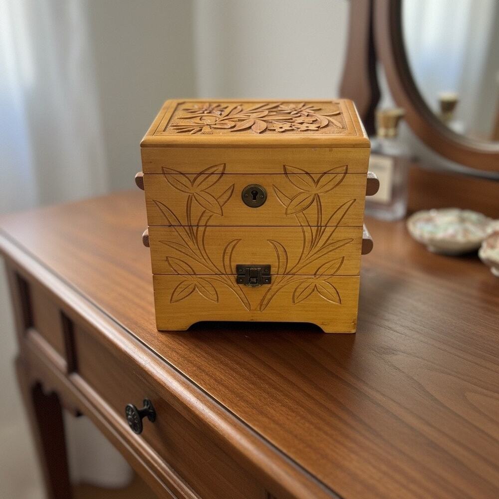 Vintage Swiss Franz Carl Weber Carved Wood Accordian Jewelry Music Box-1950s-MCM